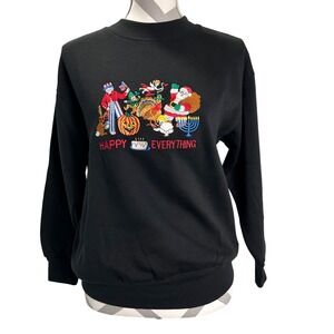 Vintage Women's Medium Sweatshirt Black‎ Happy Everything Holiday Embroidered
